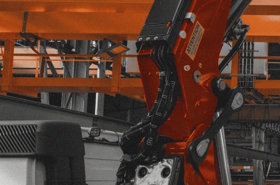Overhead view of technicians at work on a plant floor