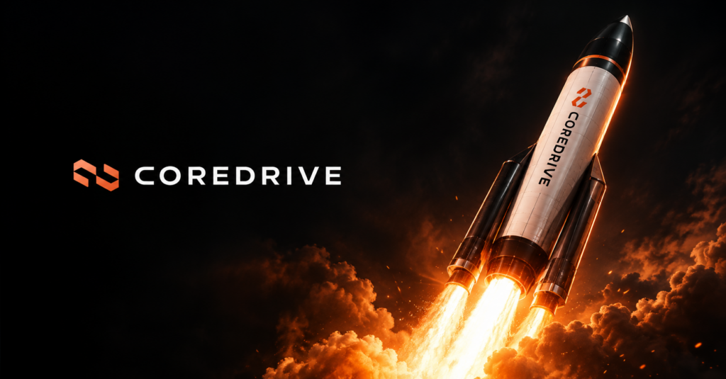 Coredrive rocket launching, with the Coredrive logo